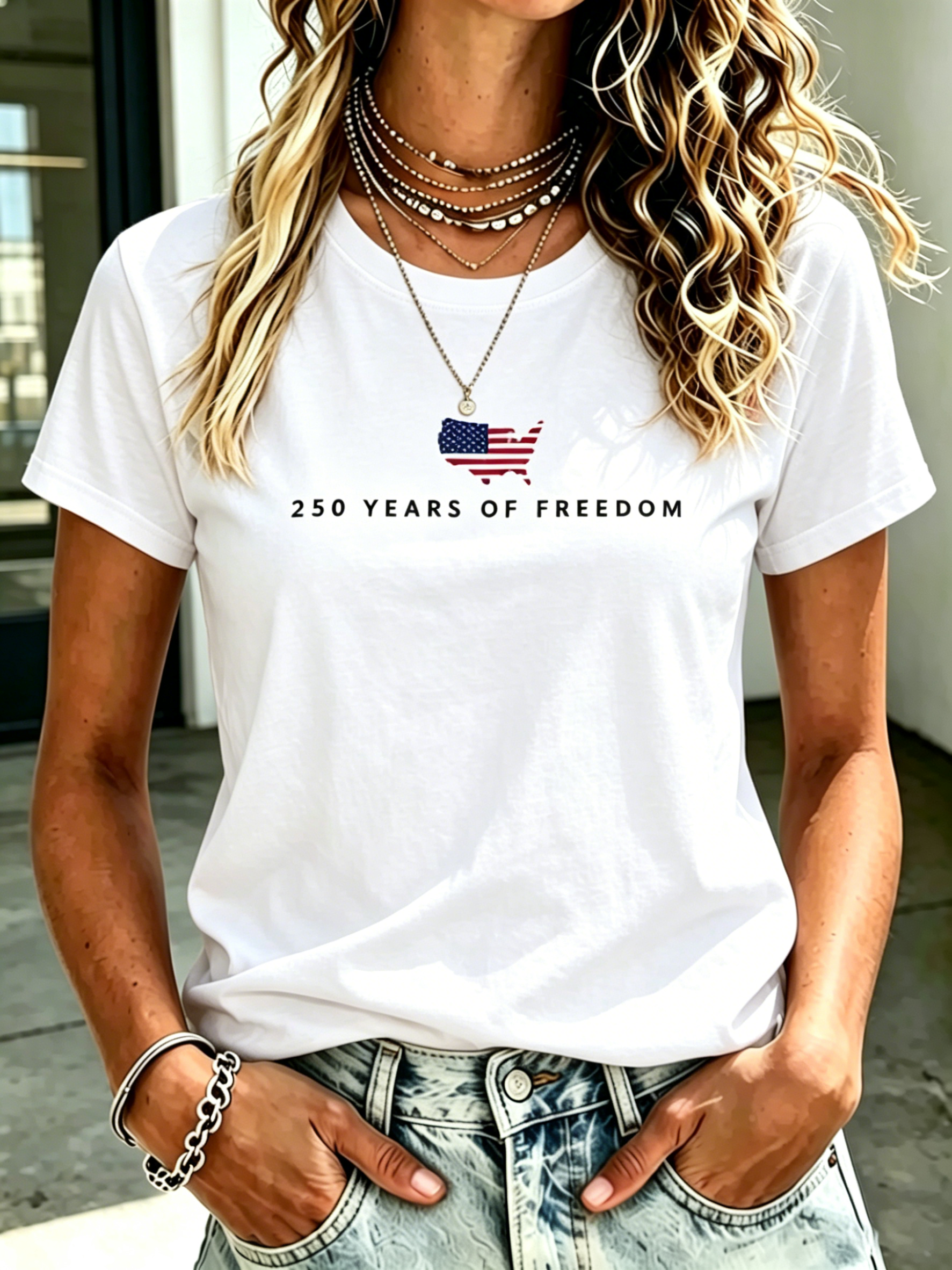 Minimalist USA Map Flag 250th Anniversary Patriotic Print Oversized Women Crew Neck Short Sleeve Tee