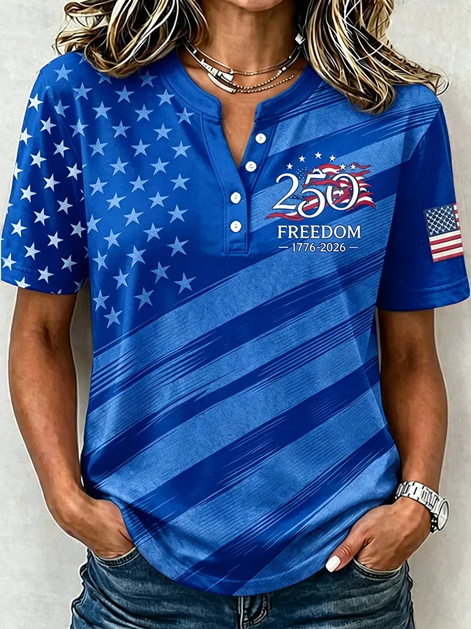 USA 250 Freedom Star Flag Print Henley Collar Casual Short Sleeve Tee