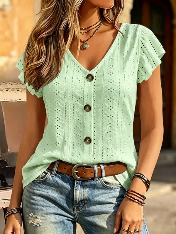 Casual V Neck Eyelet Embroidery Flutter Short Sleeve Fake Button Women Blouse