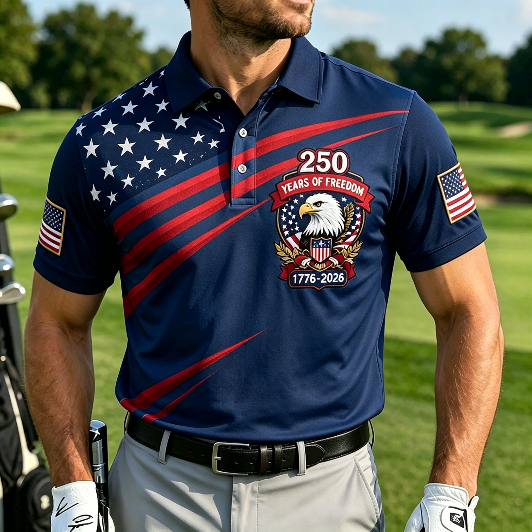 Patriotic Eagle Diagonal USA Flag Print Contrast Collar Golf Polo Shirt for Men