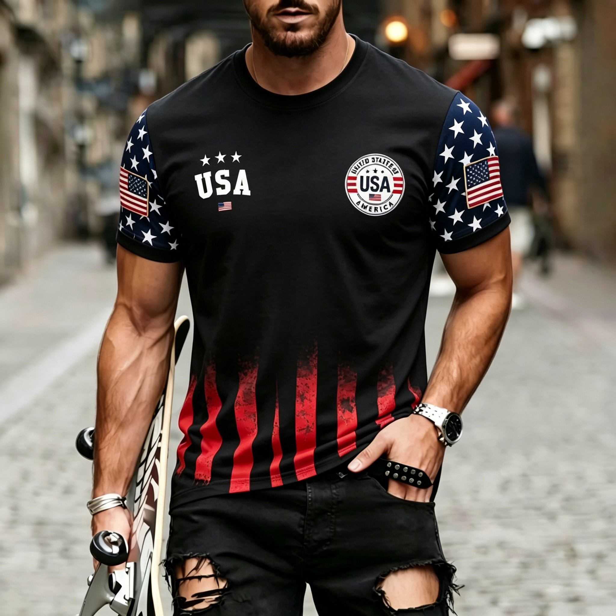 USA Star Sleeve Badge Print Crew Neck Patriotic T-Shirt for Men