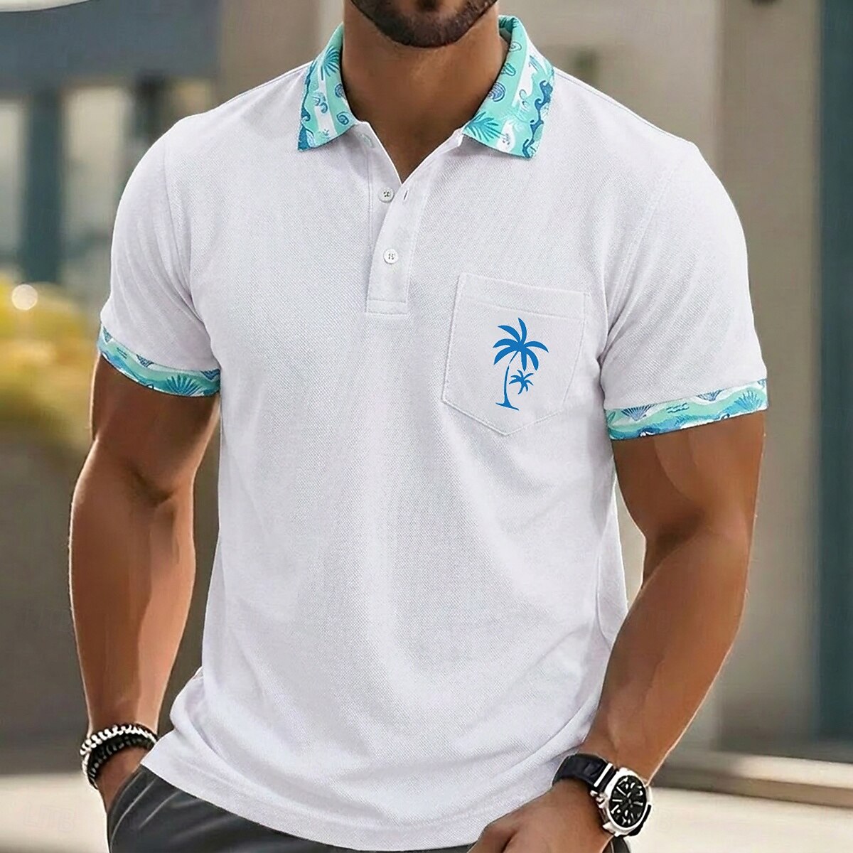 Palm Tree Embroidery Floral Trim Collar Pocket Golf Polo Shirt for Men