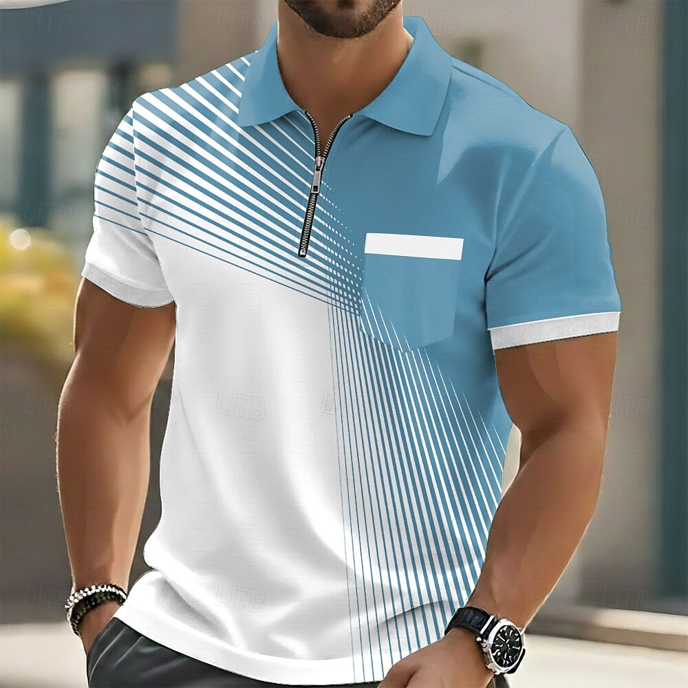 Gradient Line Zip Collar Pocket Short Sleeve Polo Shirt for Men