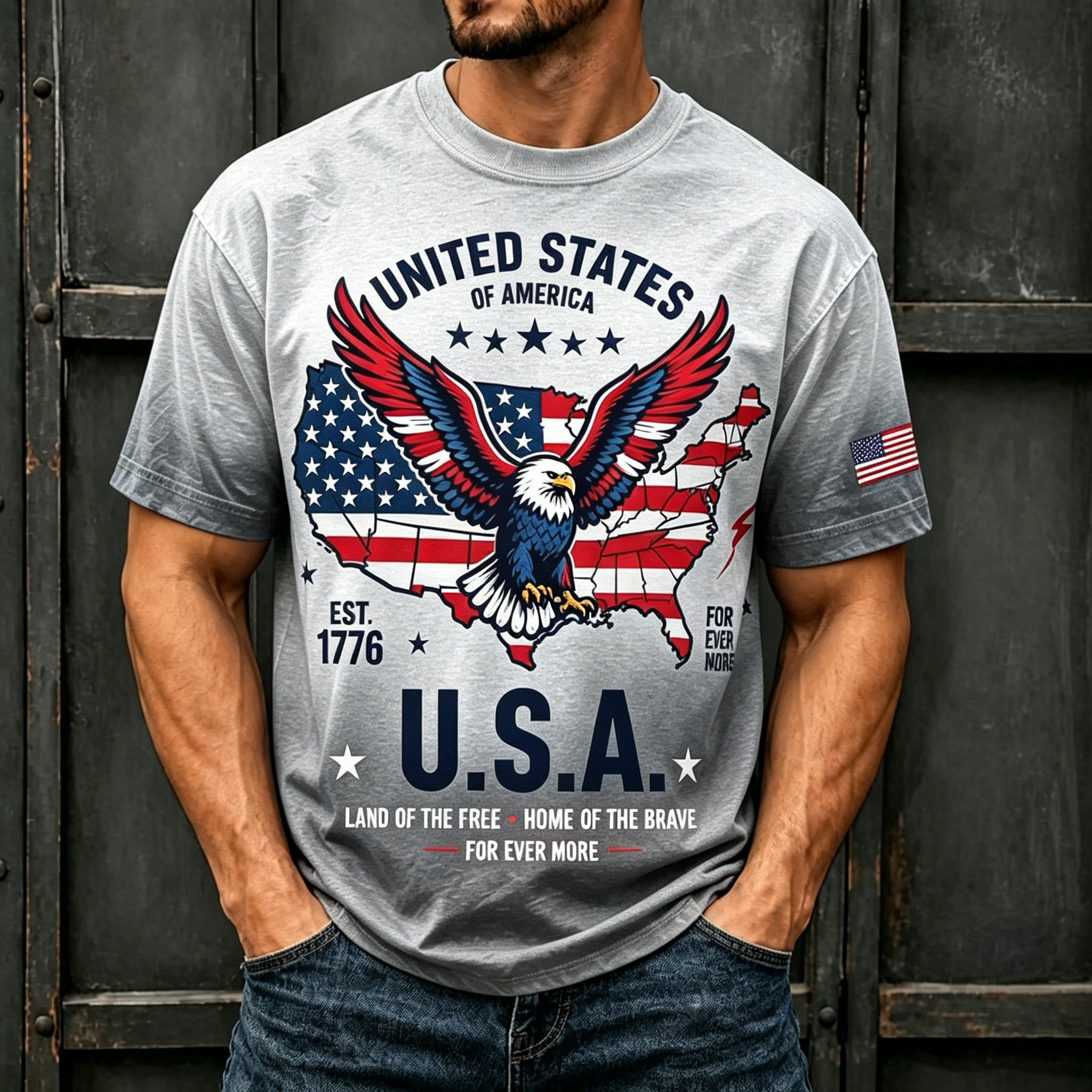 Eagle USA Map 1776 Patriotic Crew Neck T-Shirt for Men