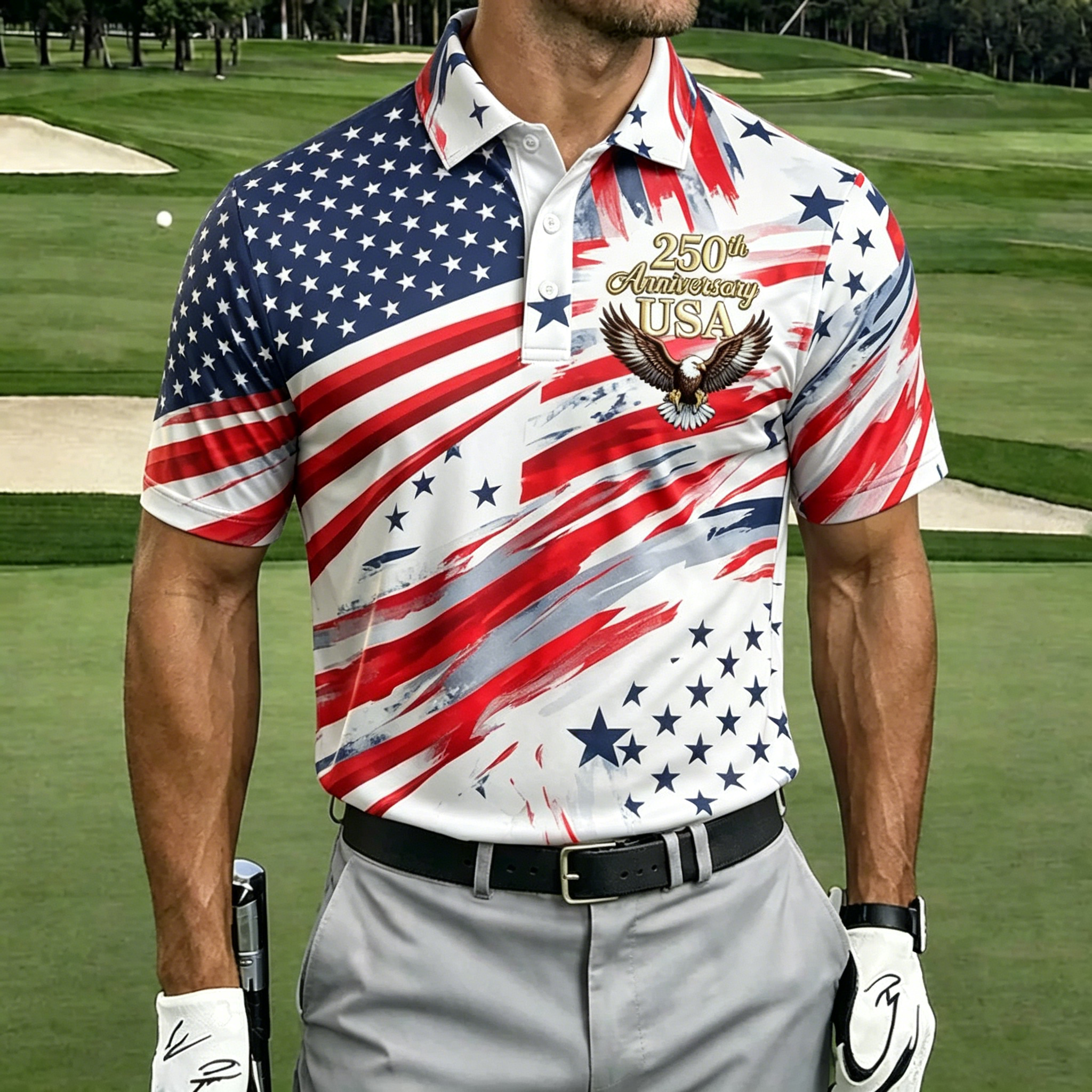 250th Eagle Brush Stroke Star Stripe Print Collar Golf Polo Shirt for Men