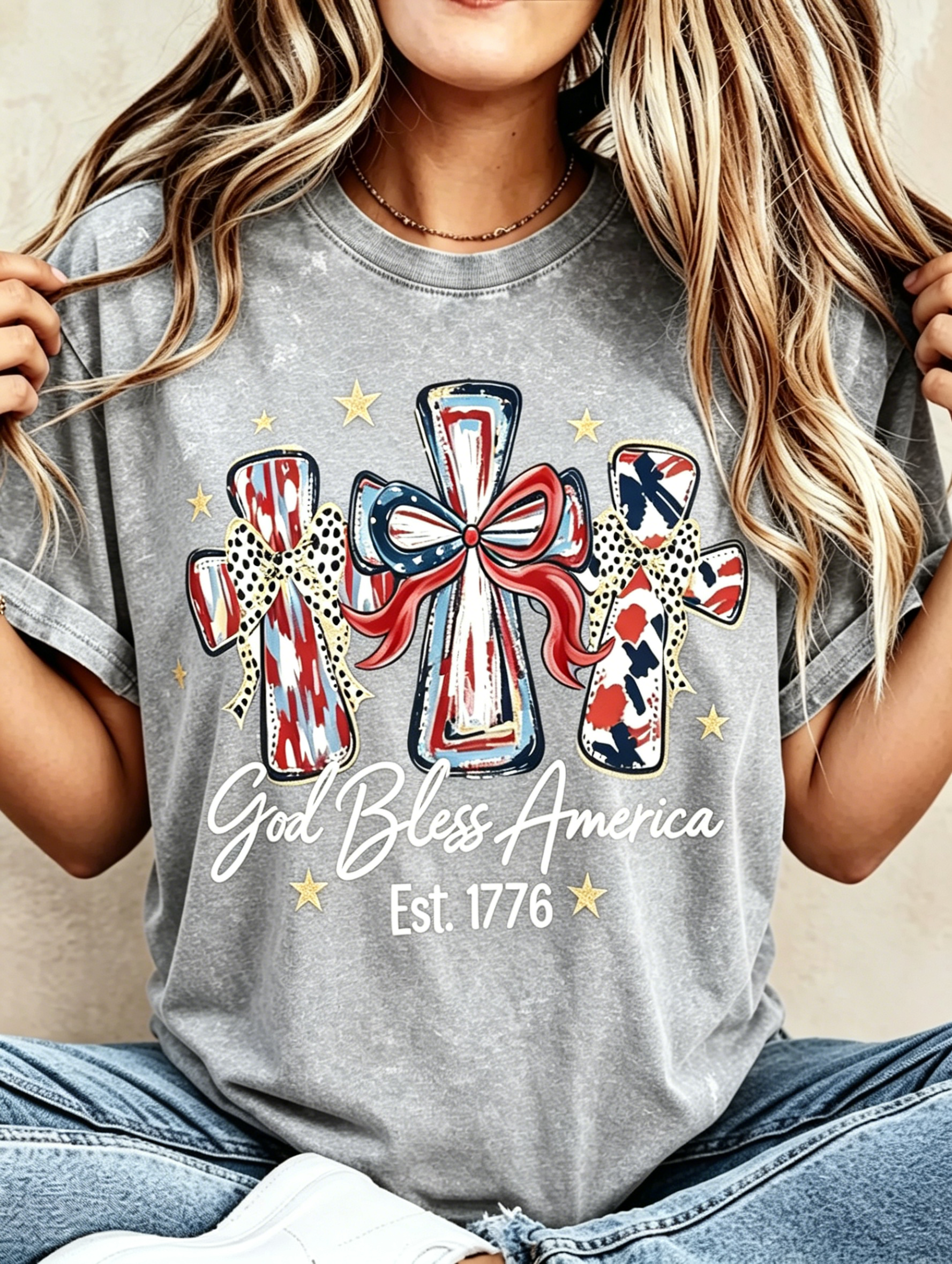 Flag Bow Cross God Bless America Patriotic Crew Neck T-Shirt for Women