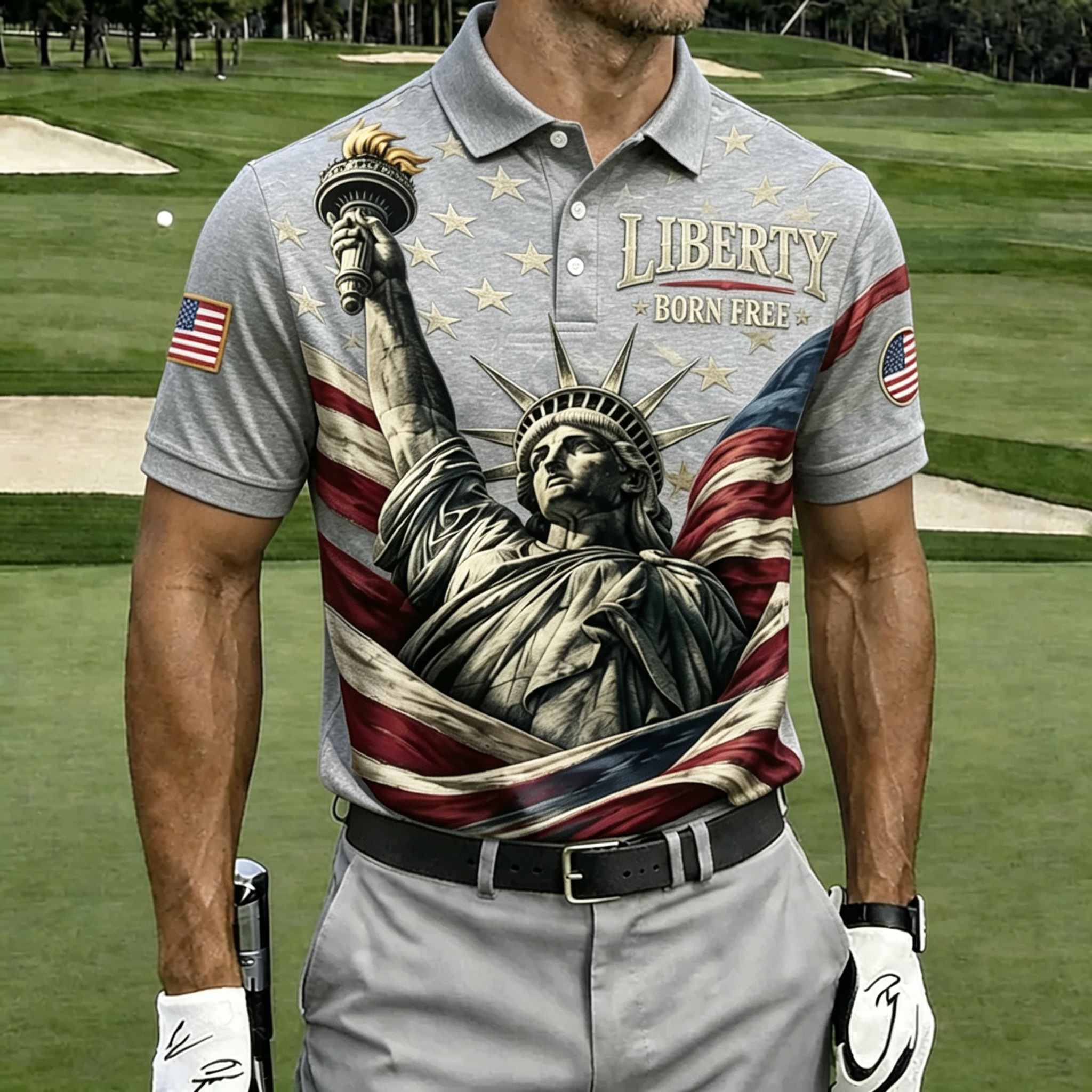 Liberty Born Free Statue Liberty Star Flag Black Collar Print Golf Polo Shirt for Men