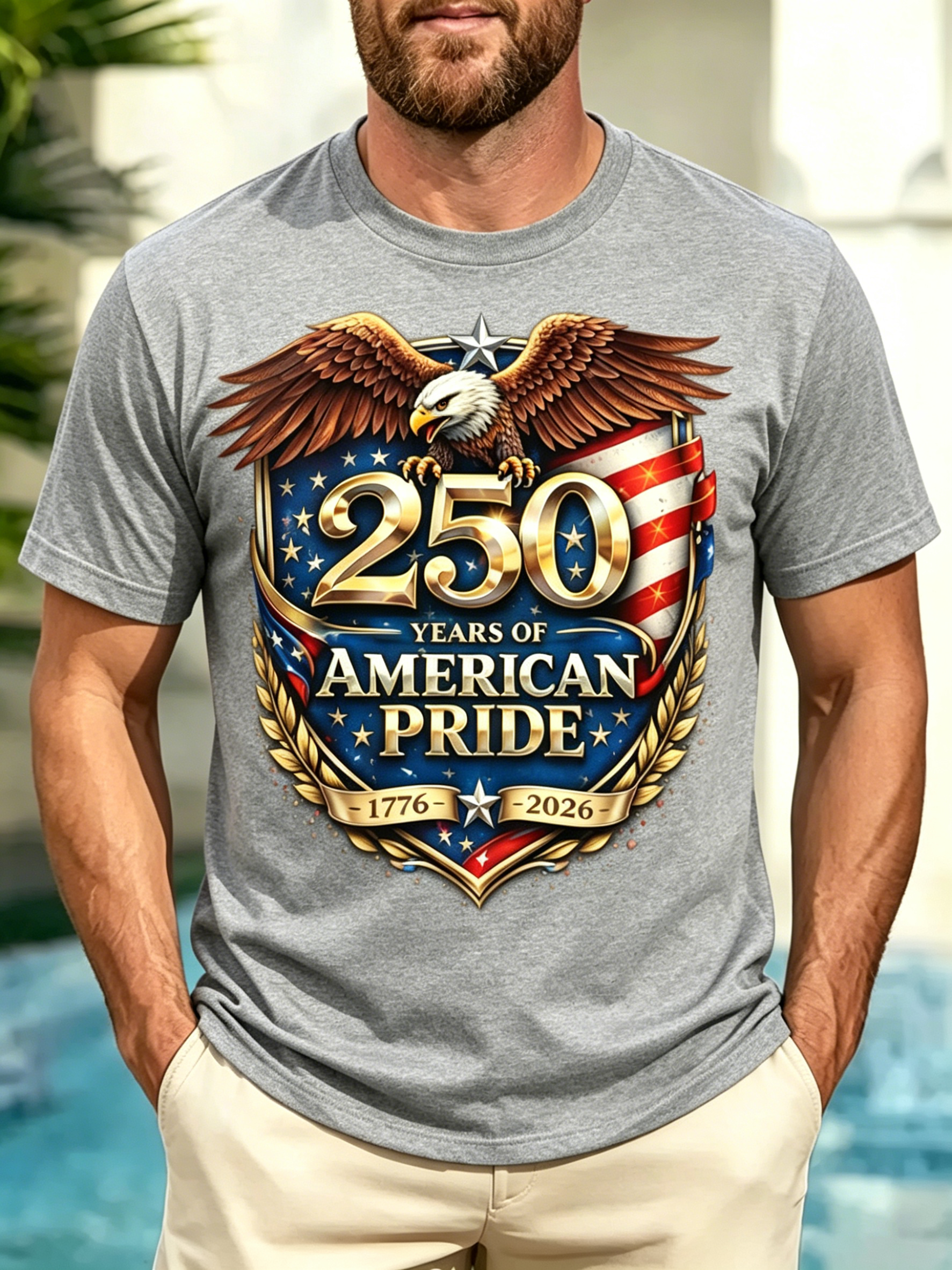Vintage Crest Bald Eagle 250th Anniversary American Pride 1776-2026 Flag Print Crew Neck Loose Fit Men Oversized Casual Tee