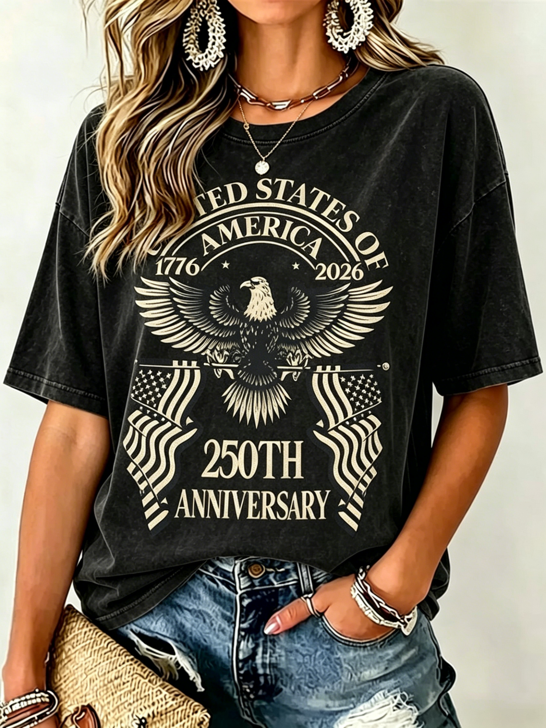 Bald Eagle Dual US Flag 250th USA Anniversary Patriotic Print Oversized Women Crew Neck Washed Short Sleeve Tee