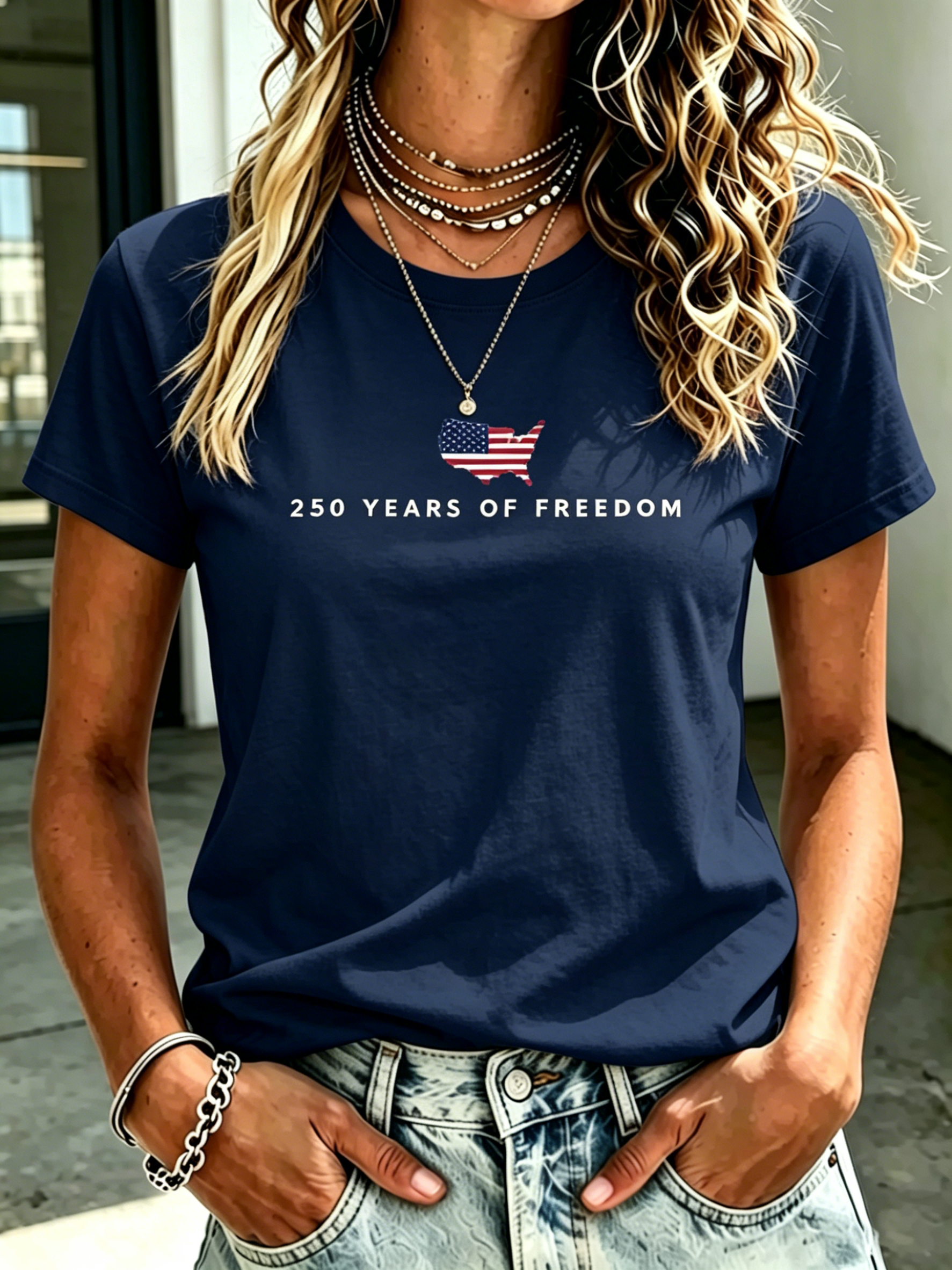 Minimalist USA Map Flag 250th Anniversary Patriotic Print Oversized Women Crew Neck Short Sleeve Tee