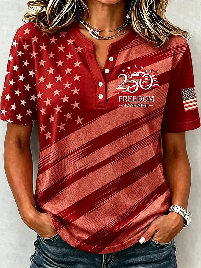 USA 250 Freedom Star Flag Print Henley Collar Casual Short Sleeve Tee