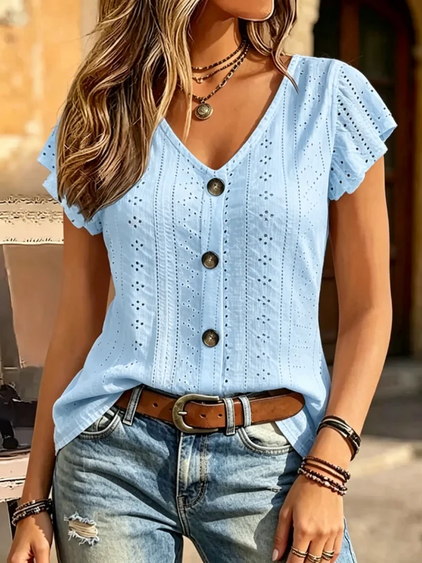 Casual V Neck Eyelet Embroidery Flutter Short Sleeve Fake Button Women Blouse