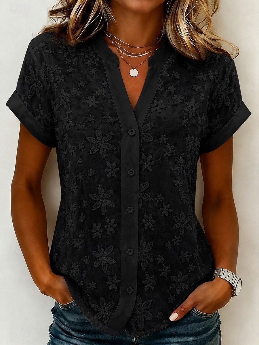 3D Floral Embroidery V Neck Button Down Blouse for Women