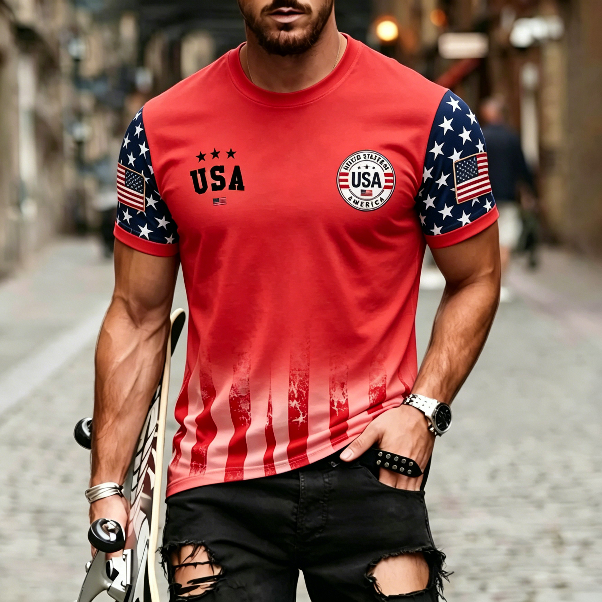 USA Star Sleeve Badge Print Crew Neck Patriotic T-Shirt for Men