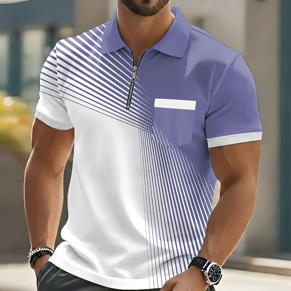 Gradient Line Zip Collar Pocket Short Sleeve Polo Shirt for Men