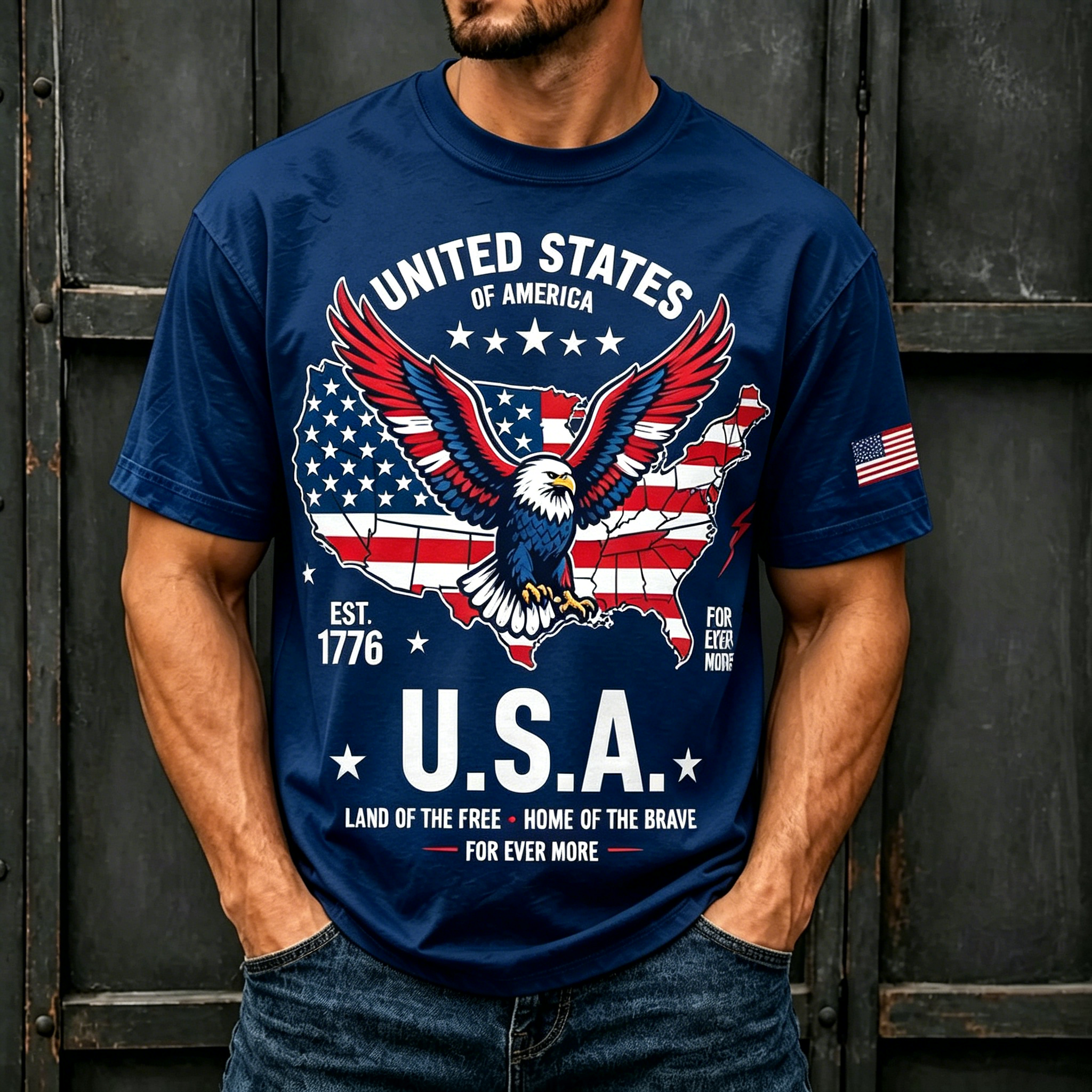 Eagle USA Map 1776 Patriotic Crew Neck T-Shirt for Men