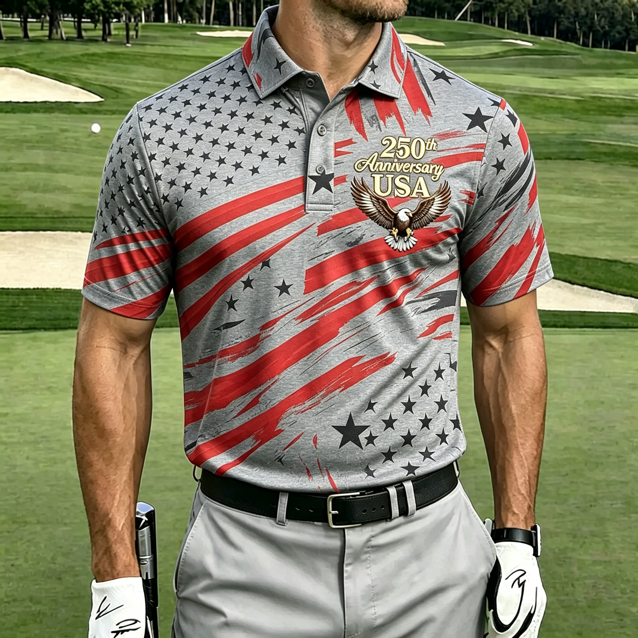 250th Eagle Brush Stroke Star Stripe Print Collar Golf Polo Shirt for Men