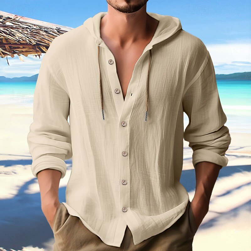 Textured Linen Blend Drawstring Hood Long Sleeve Vacation Shirt for Men