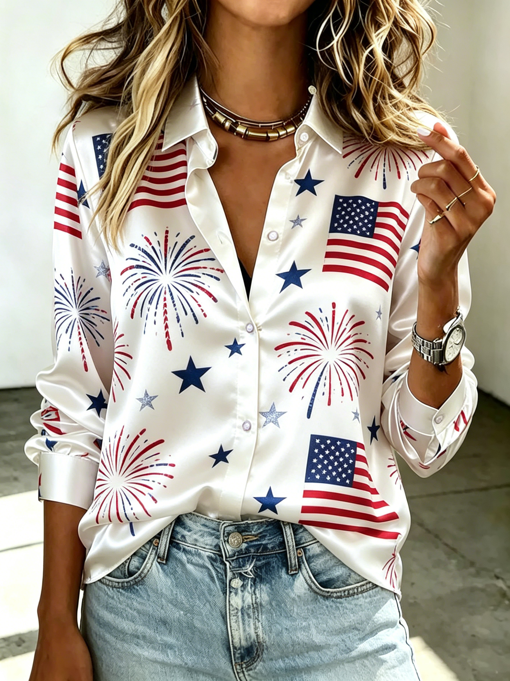 Patchwork Flag Floral Firework USA 250th Print Lapel Long Sleeve Patriotic Shirt for Women