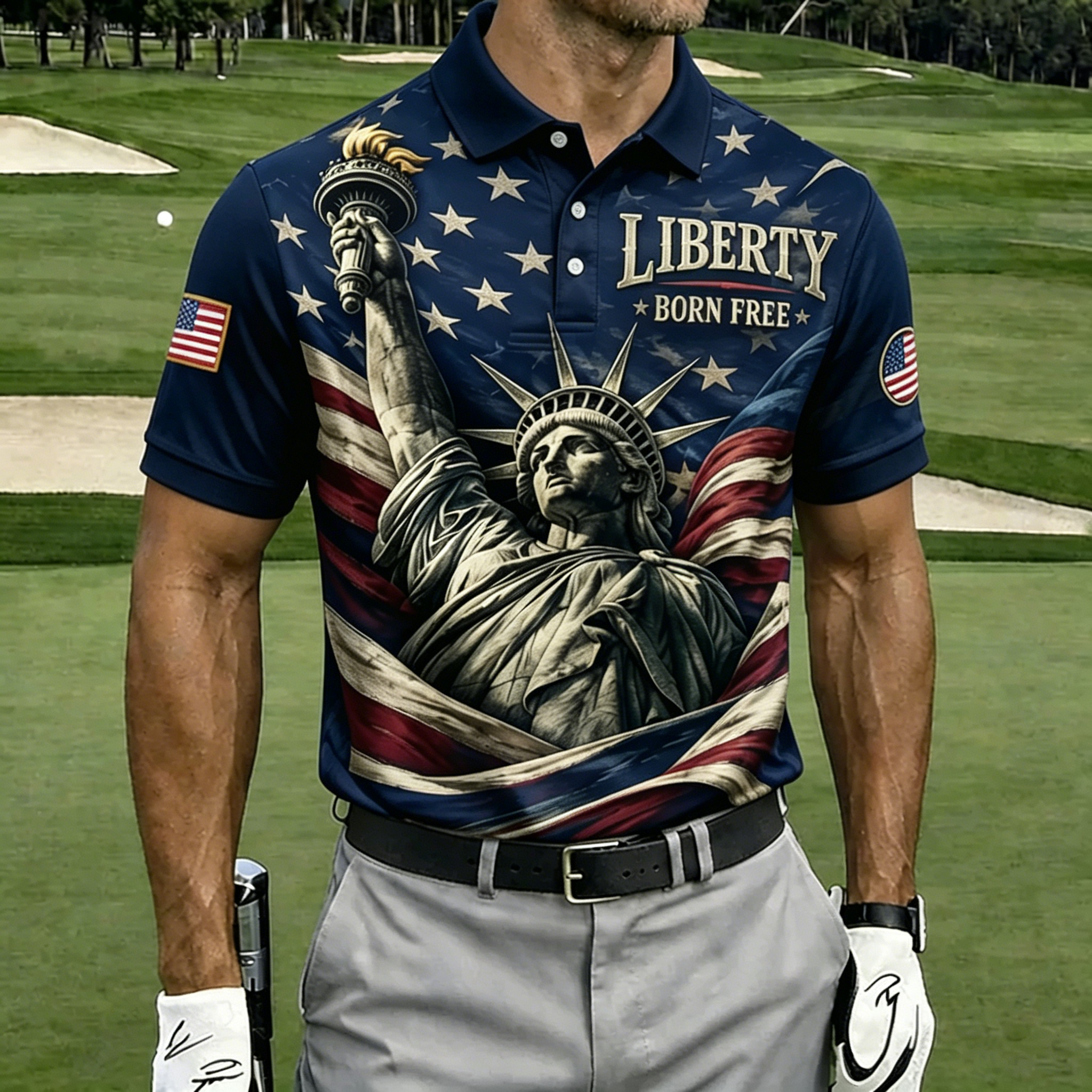 Liberty Born Free Statue Liberty Star Flag Black Collar Print Golf Polo Shirt for Men