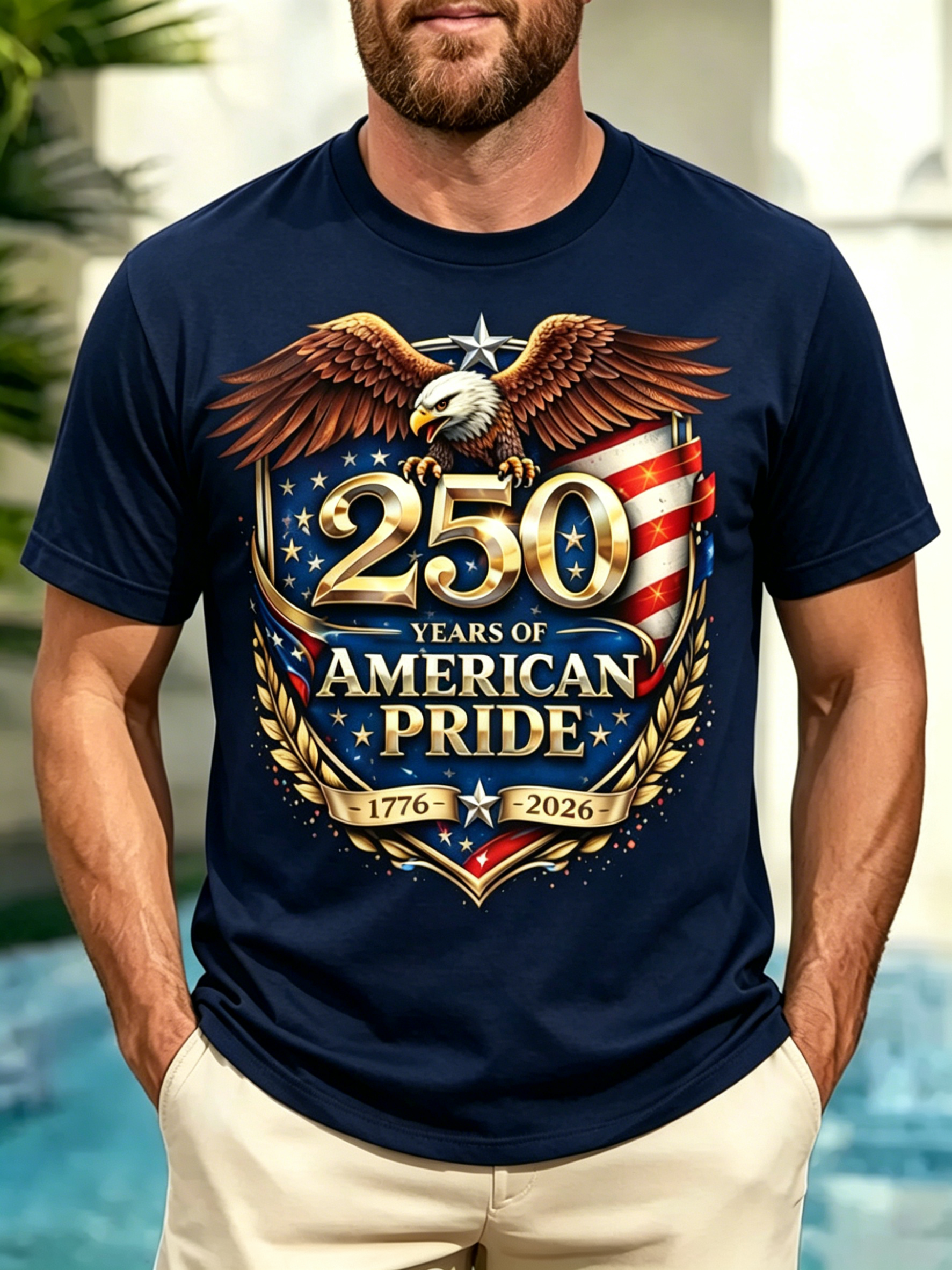 Vintage Crest Bald Eagle 250th Anniversary American Pride 1776-2026 Flag Print Crew Neck Loose Fit Men Oversized Casual Tee