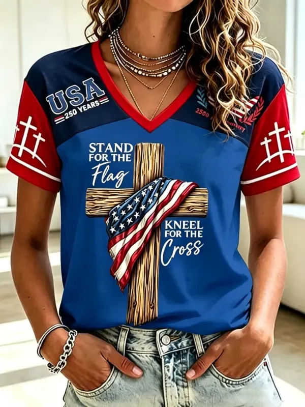 Stand For The Flag Kneel For The Cross Graphic Women Color Block Baseball T