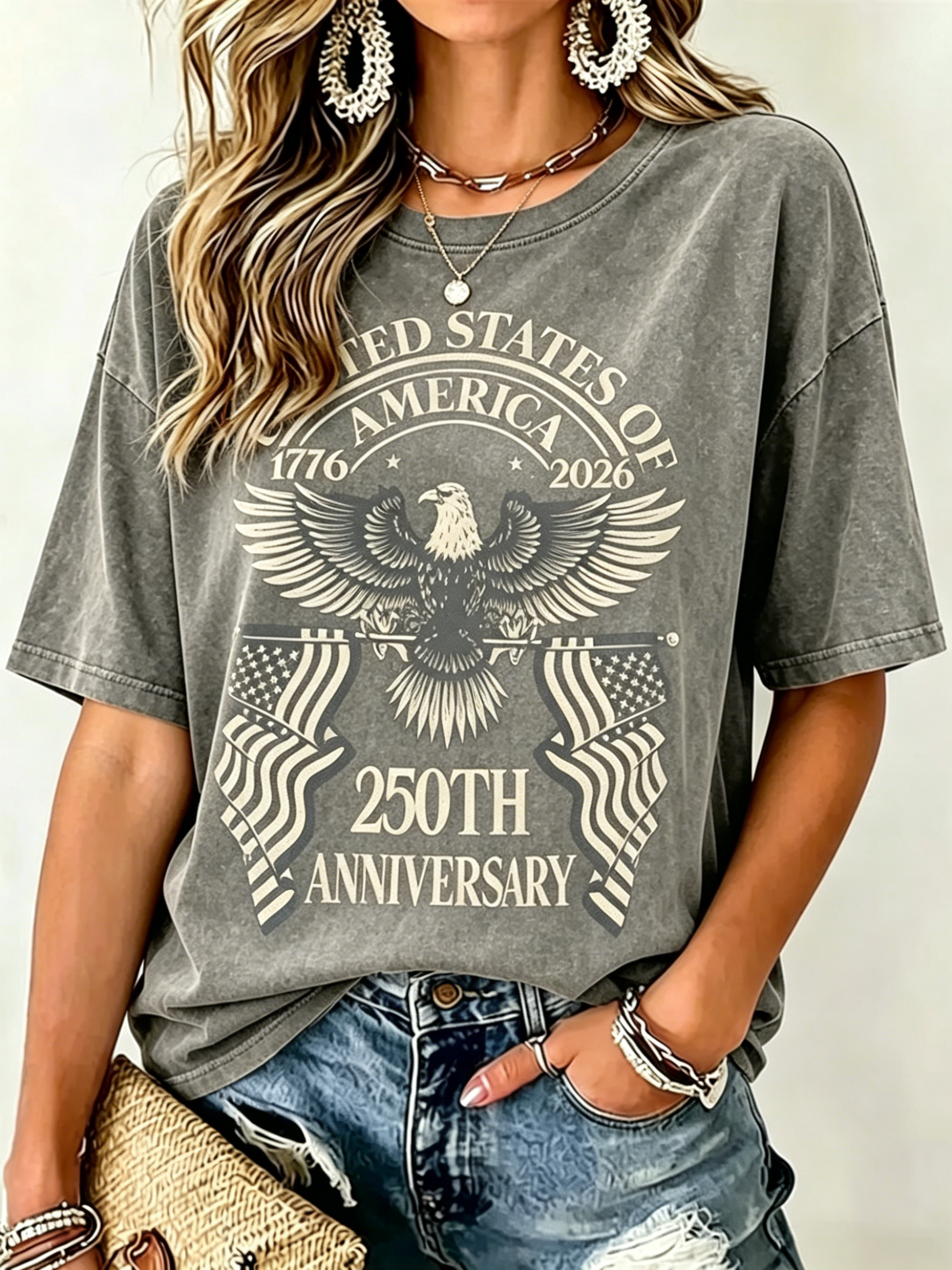 Bald Eagle Dual US Flag 250th USA Anniversary Patriotic Print Oversized Women Crew Neck Washed Short Sleeve Tee