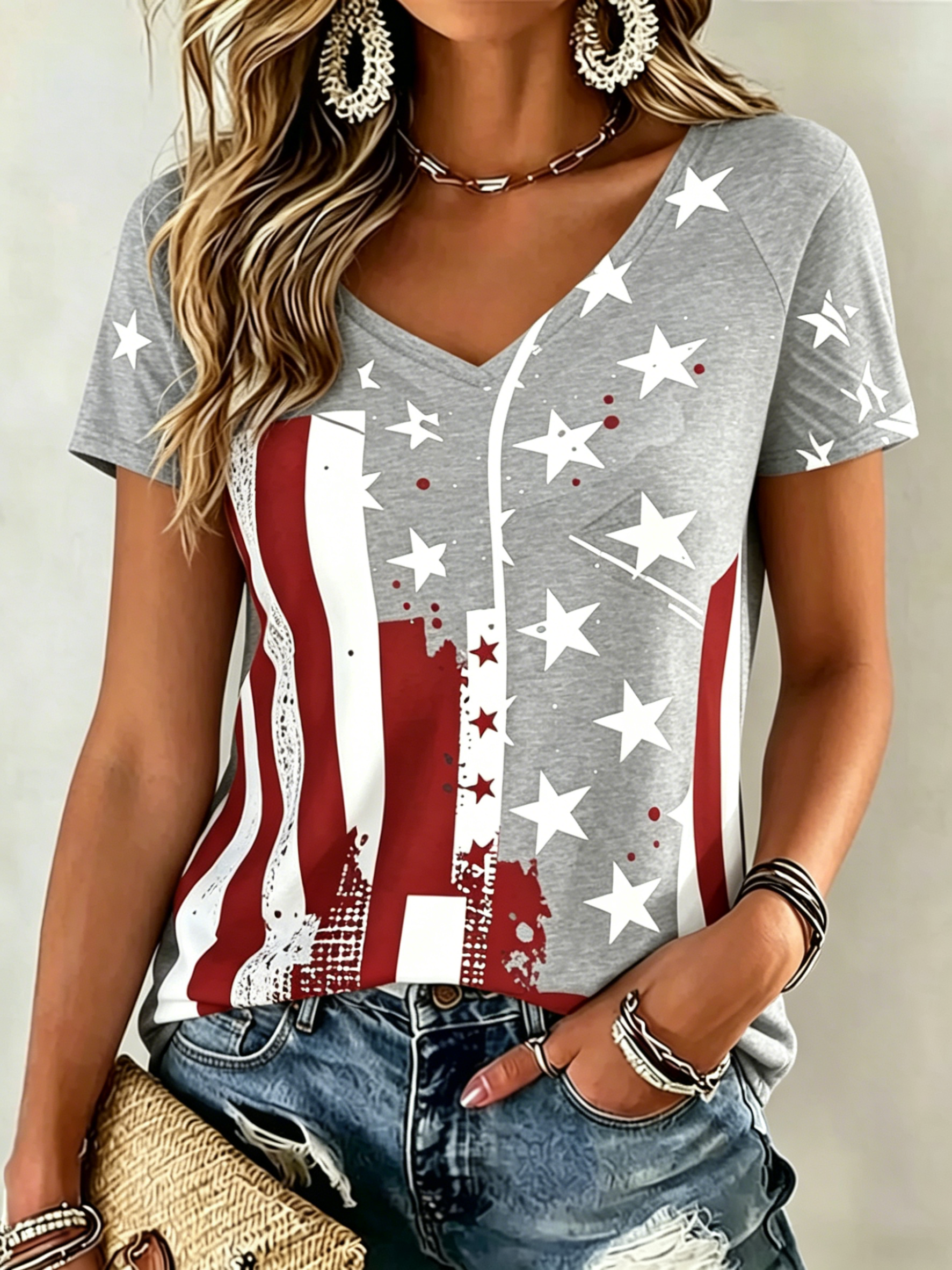 Retro American Flag Star Print V Neck Short Sleeve Casual T-Shirt for Women