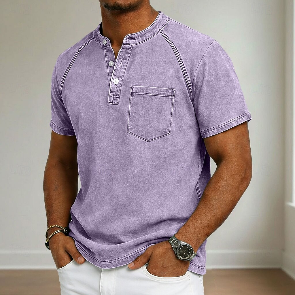 Henley Chest Pocket Washed Raglan Short Sleeve Tee for Men