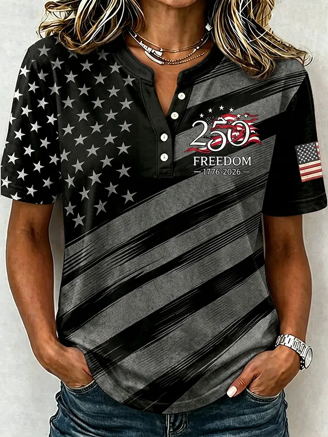 USA 250 Freedom Star Flag Print Henley Collar Casual Short Sleeve Tee