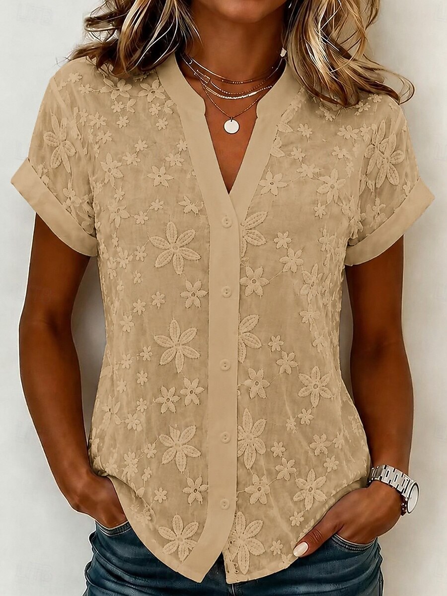 3D Floral Embroidery V Neck Button Down Blouse for Women