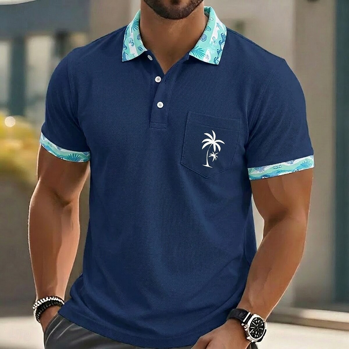 Palm Tree Embroidery Floral Trim Collar Pocket Golf Polo Shirt for Men