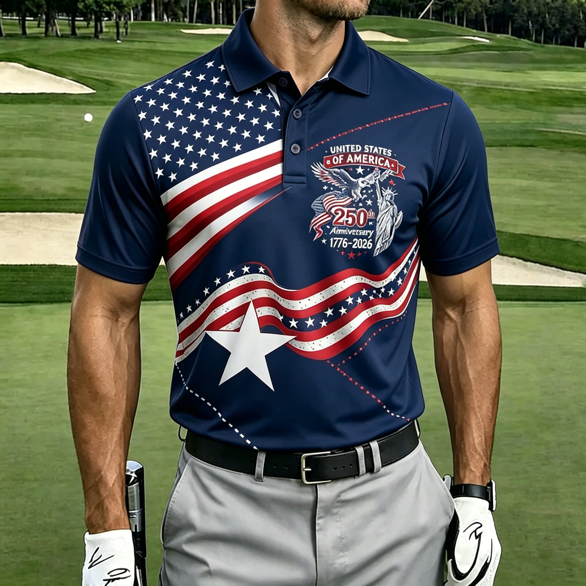 250th Eagle Liberty Star Stripe Gradient Collared Golf Polo Shirt for Men