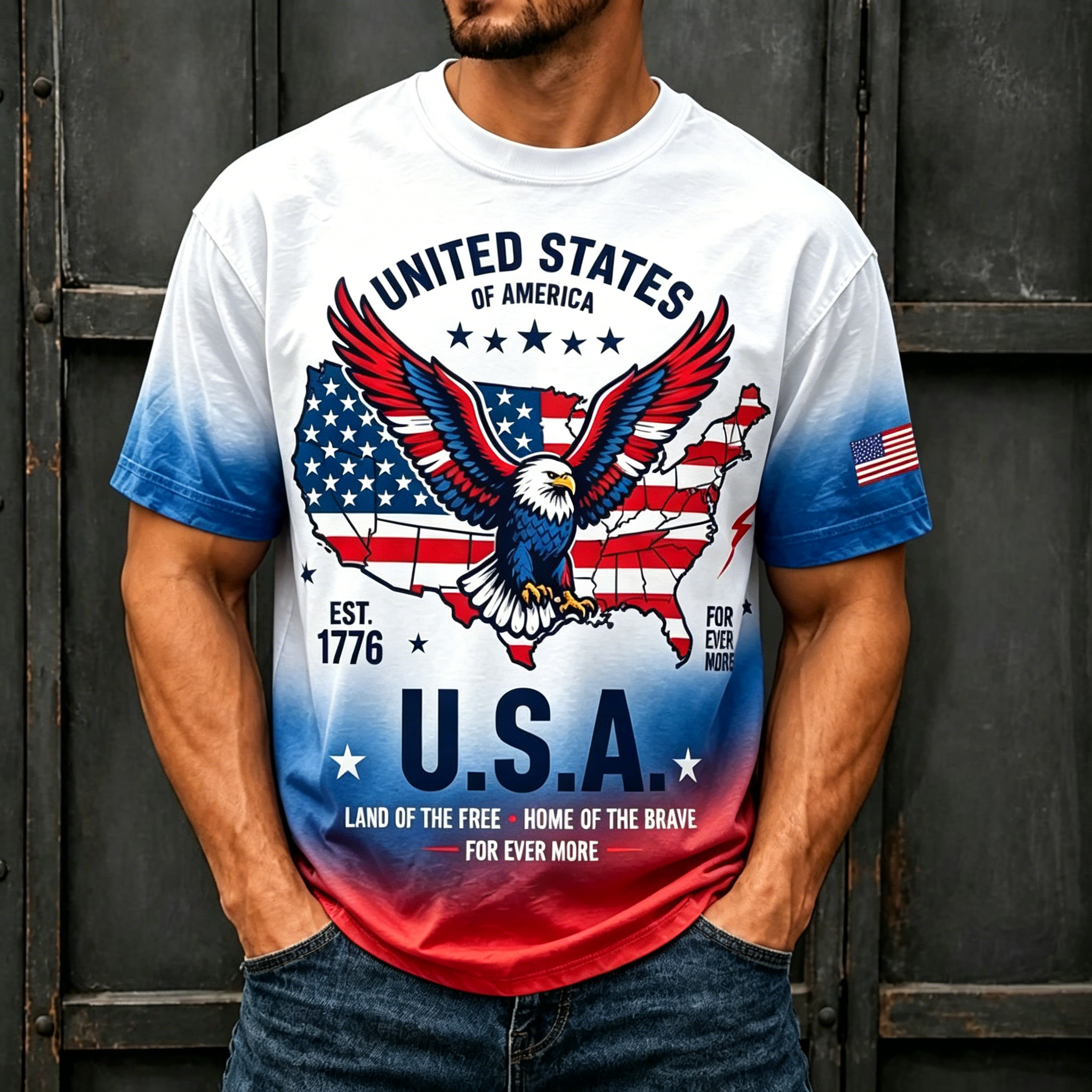 Eagle USA Map 1776 Patriotic Crew Neck T-Shirt for Men