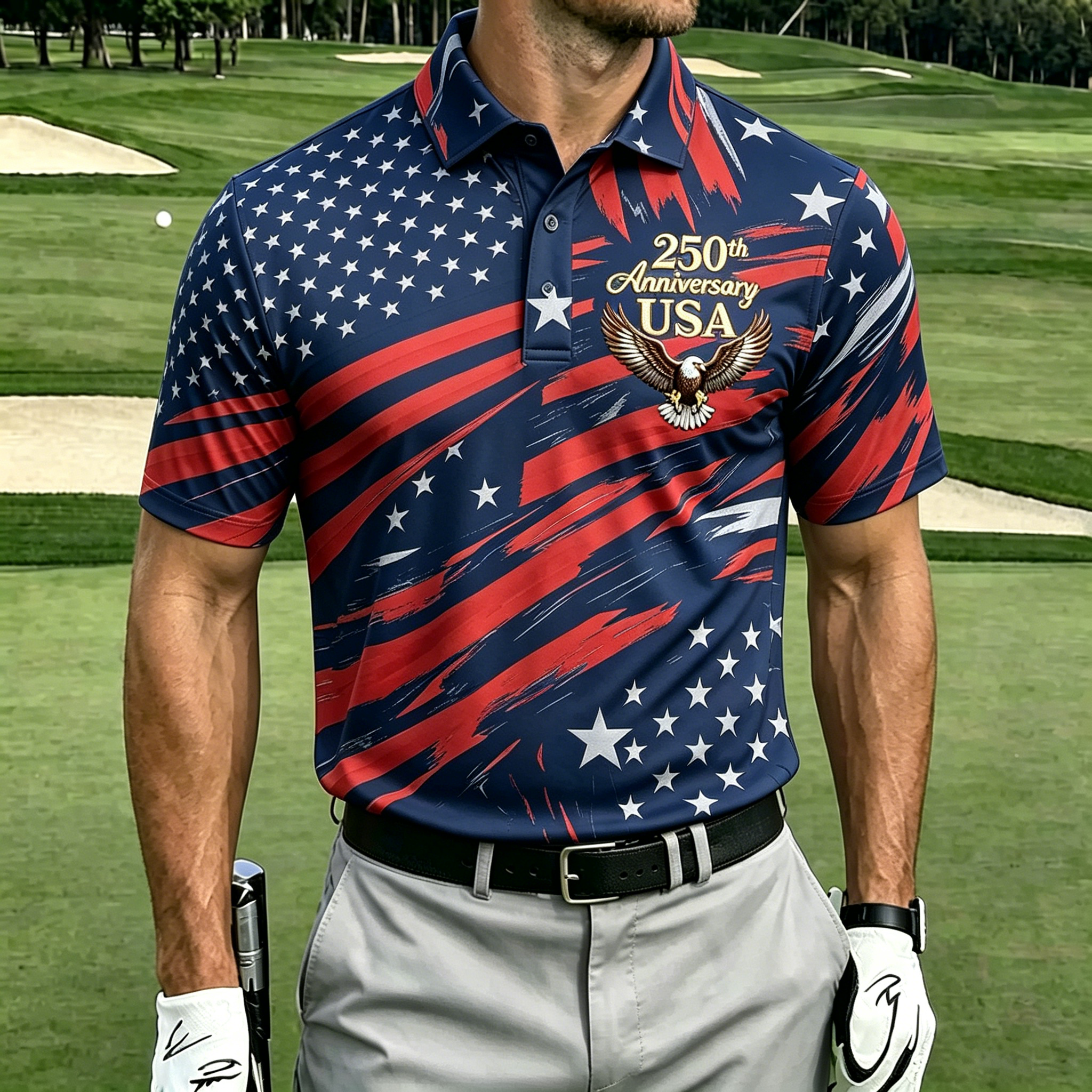250th Eagle Brush Stroke Star Stripe Print Collar Golf Polo Shirt for Men