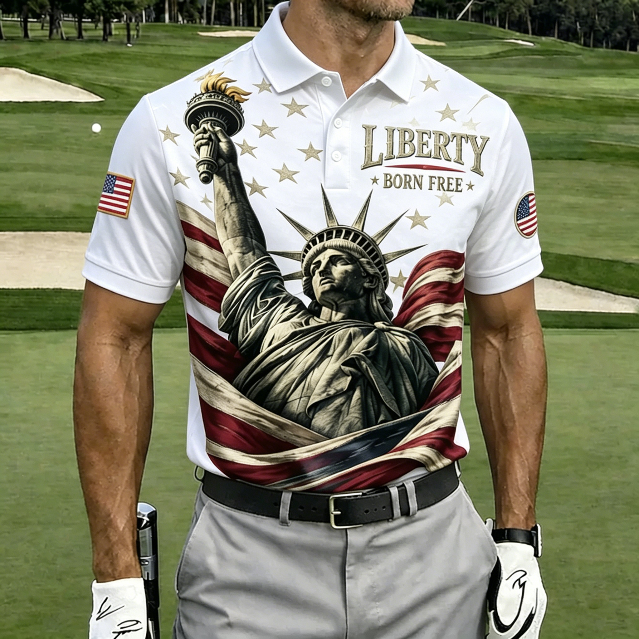 Liberty Born Free Statue Liberty Star Flag Black Collar Print Golf Polo Shirt for Men