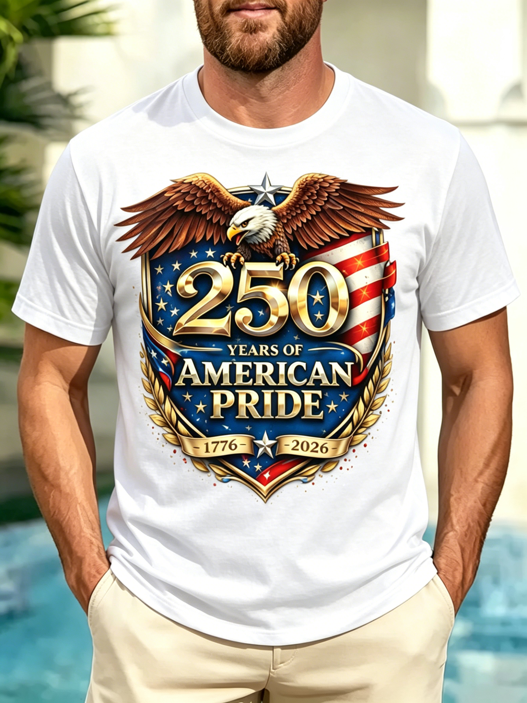 Vintage Crest Bald Eagle 250th Anniversary American Pride 1776-2026 Flag Print Crew Neck Loose Fit Men Oversized Casual Tee