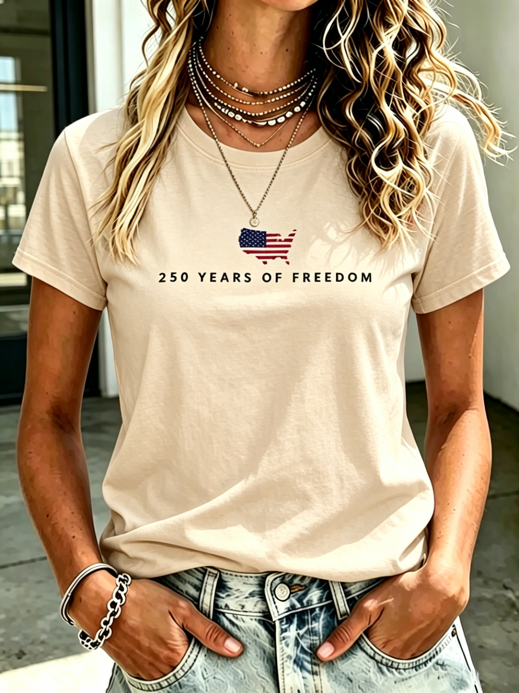 Minimalist USA Map Flag 250th Anniversary Patriotic Print Oversized Women Crew Neck Short Sleeve Tee