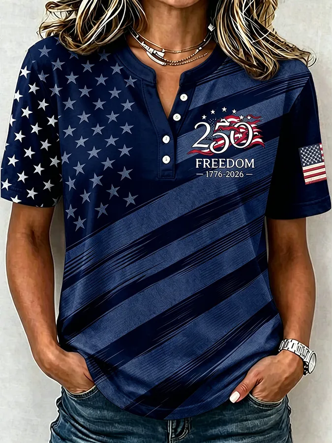 USA 250 Freedom Star Flag Print Henley Collar Casual Short Sleeve Tee