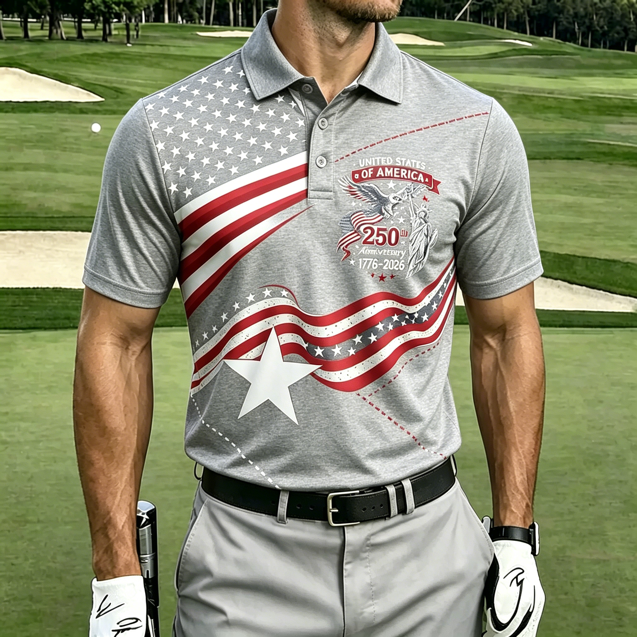 250th Eagle Liberty Star Stripe Gradient Collared Golf Polo Shirt for Men