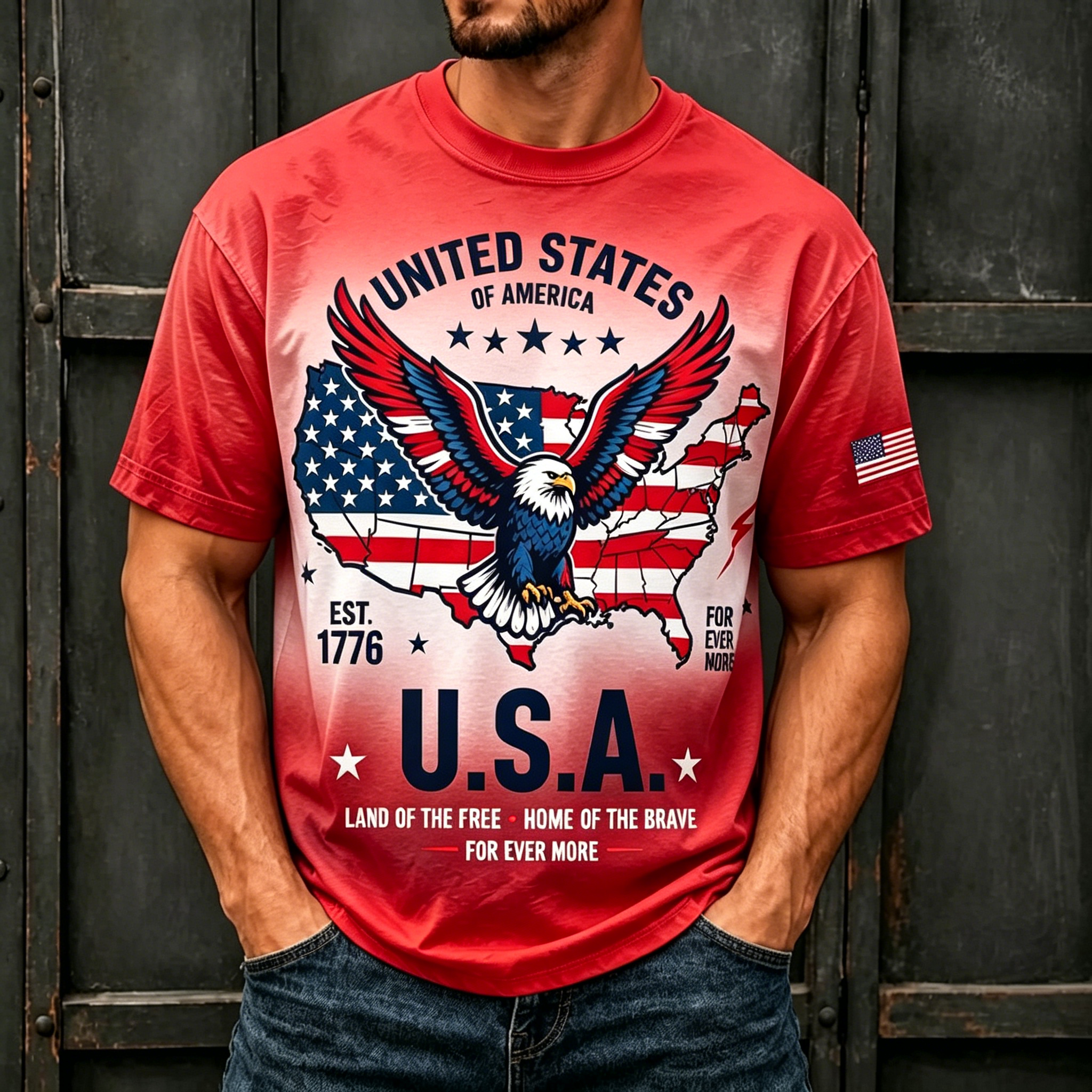 Eagle USA Map 1776 Patriotic Crew Neck T-Shirt for Men