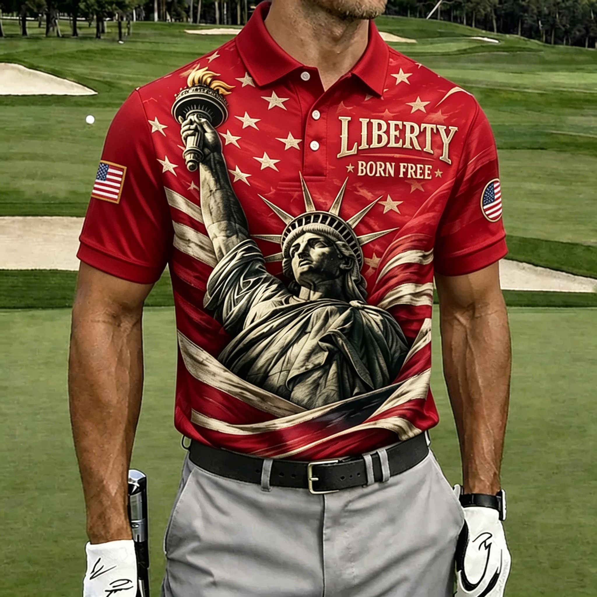 Liberty Born Free Statue Liberty Star Flag Black Collar Print Golf Polo Shirt for Men