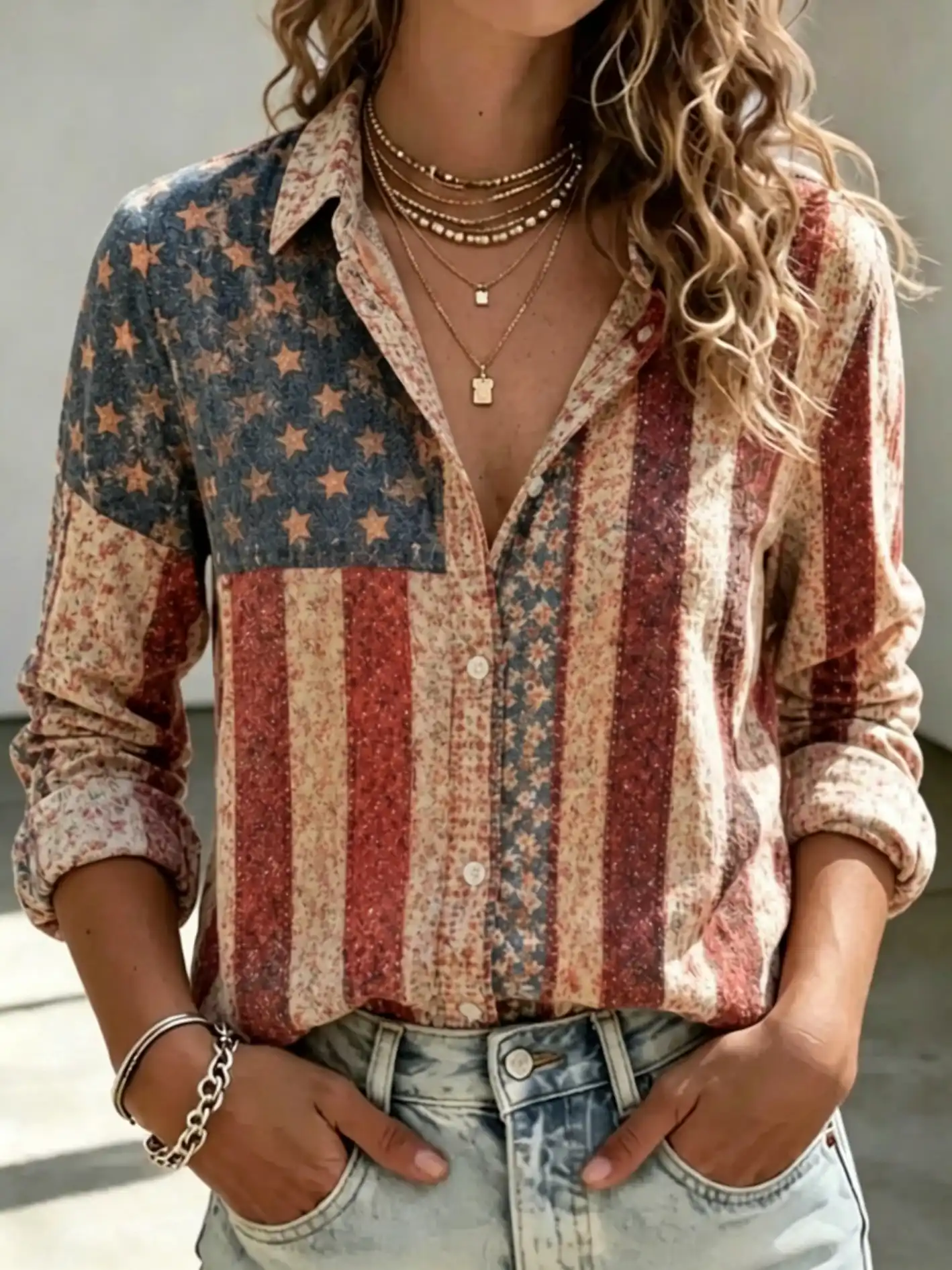 Women's Vintage Floral USA Flag Print Long Sleeve Button Down Shirt