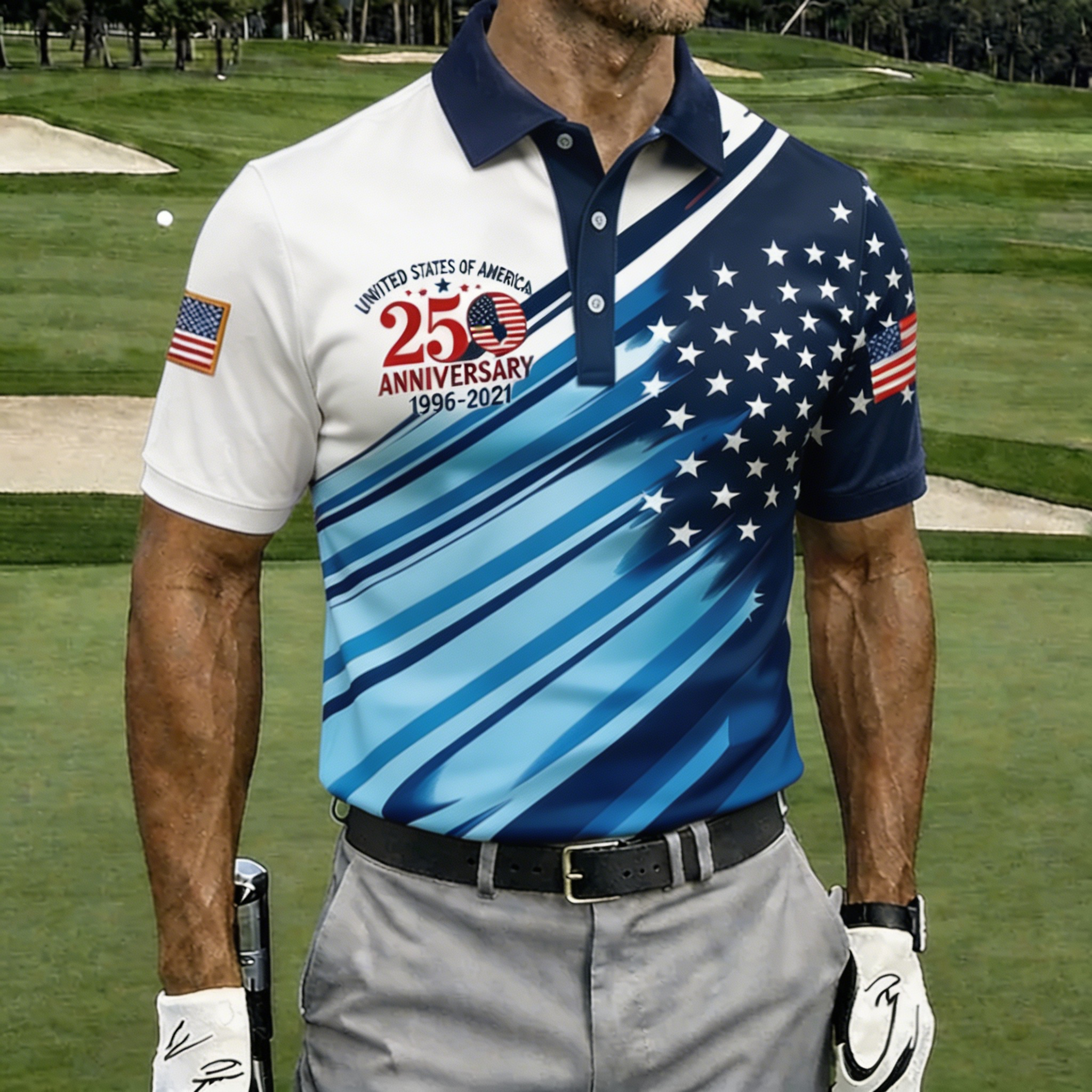 USA 250th Anniversary American Flag Golf Polo Shirt