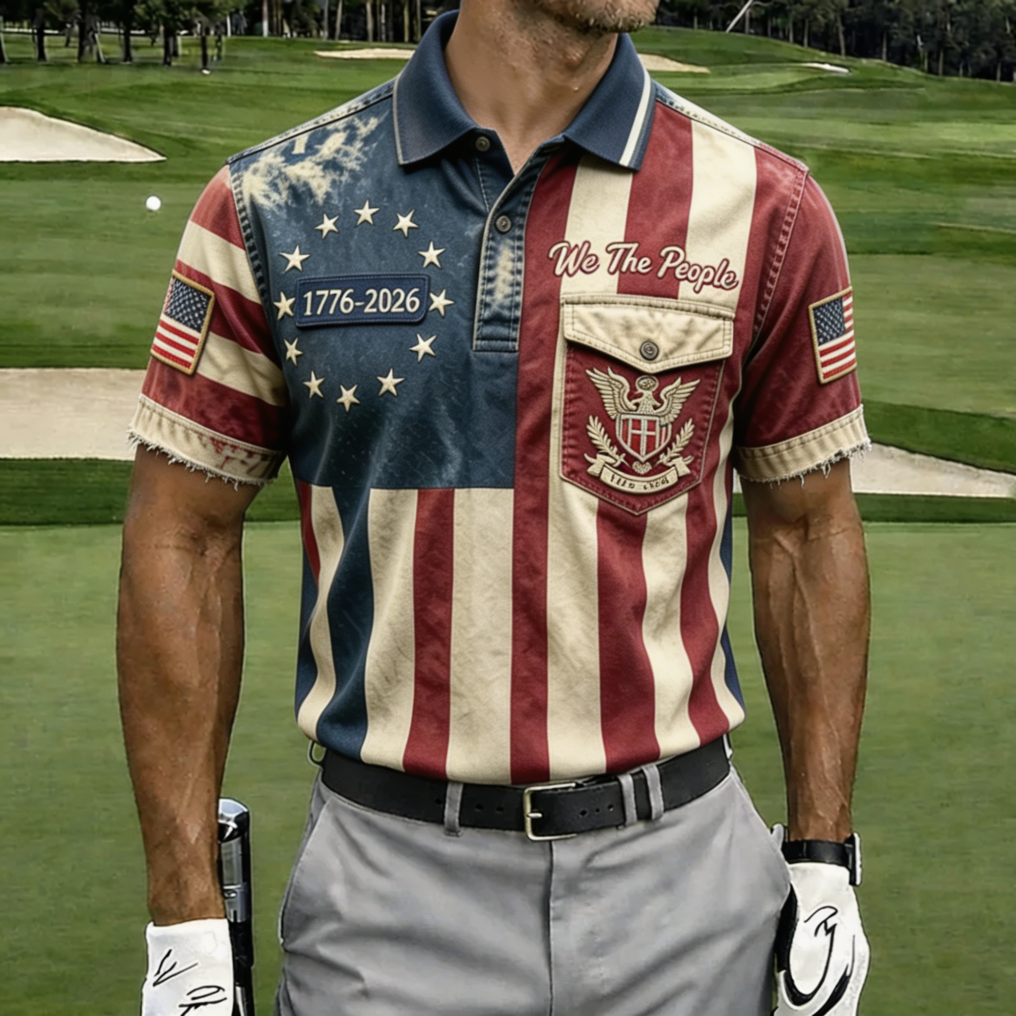 USA 250th Anniversary American Flag Golf Polo Shirt