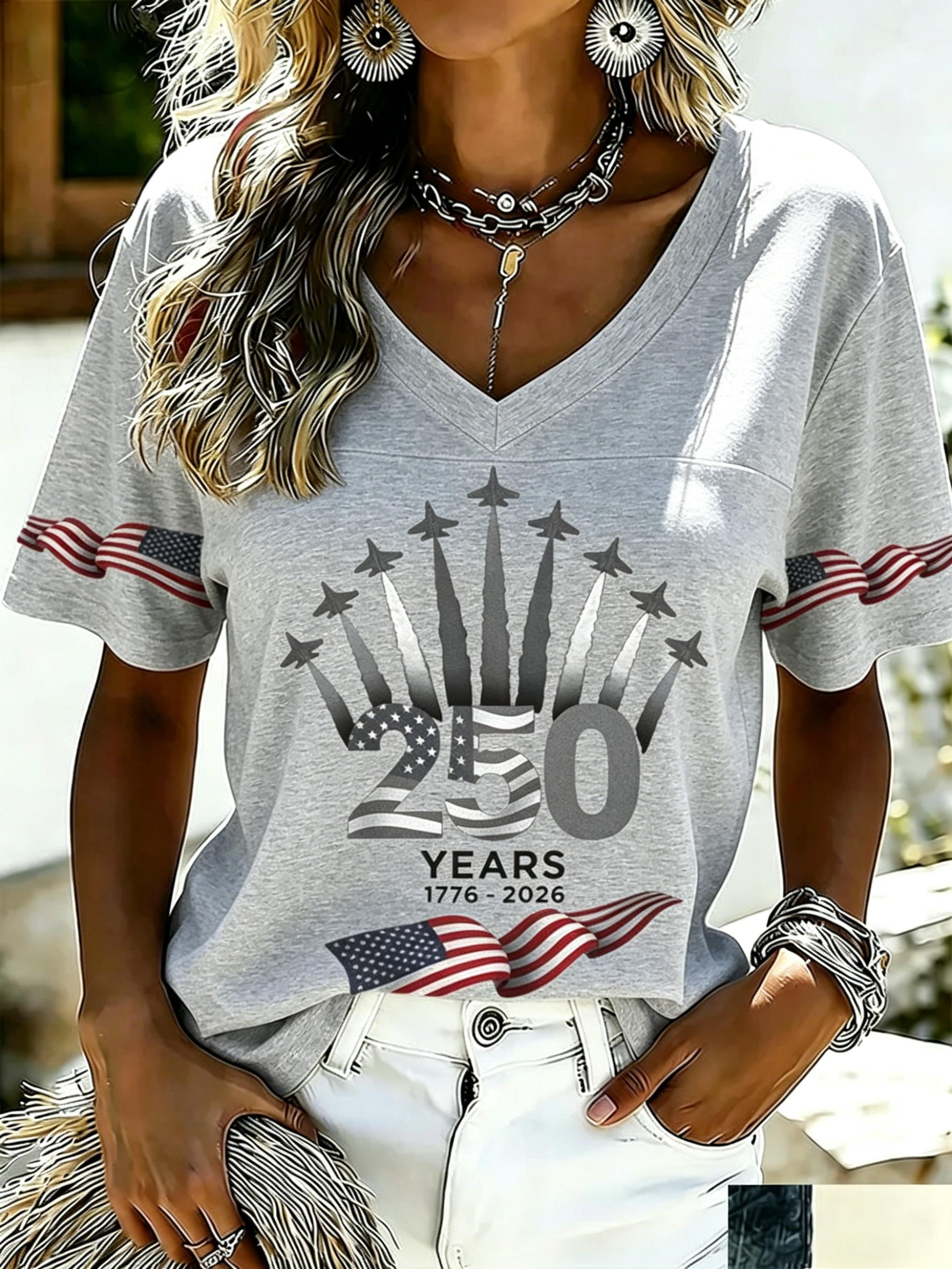 Women's USA 250th Anniversary "Air Show Fireworks" V-Neck T-Shirt