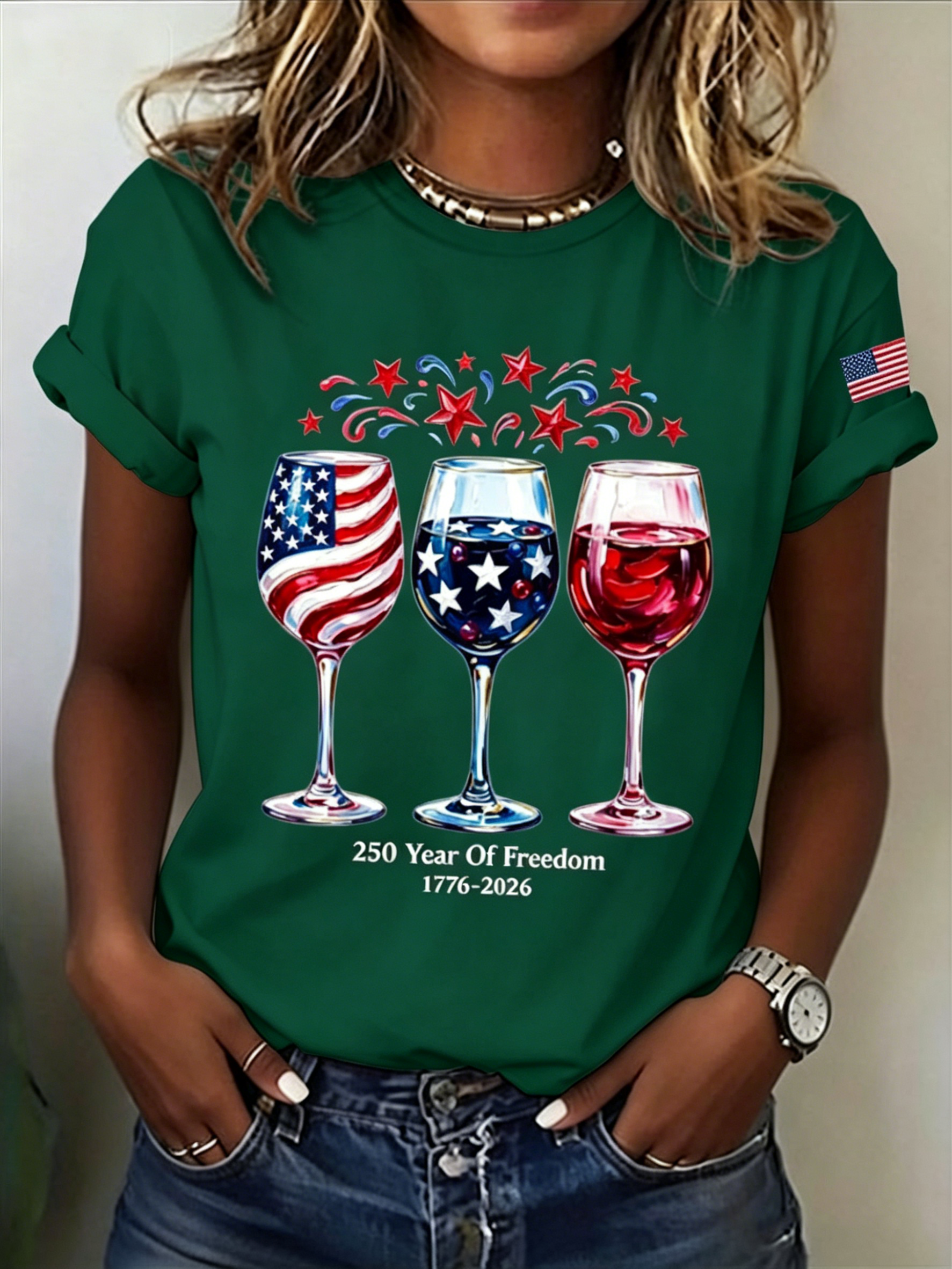 Women’s Patriotic Wine Glass Print T-Shirt, 250th Independence Day Casual Short Sleeve Tee