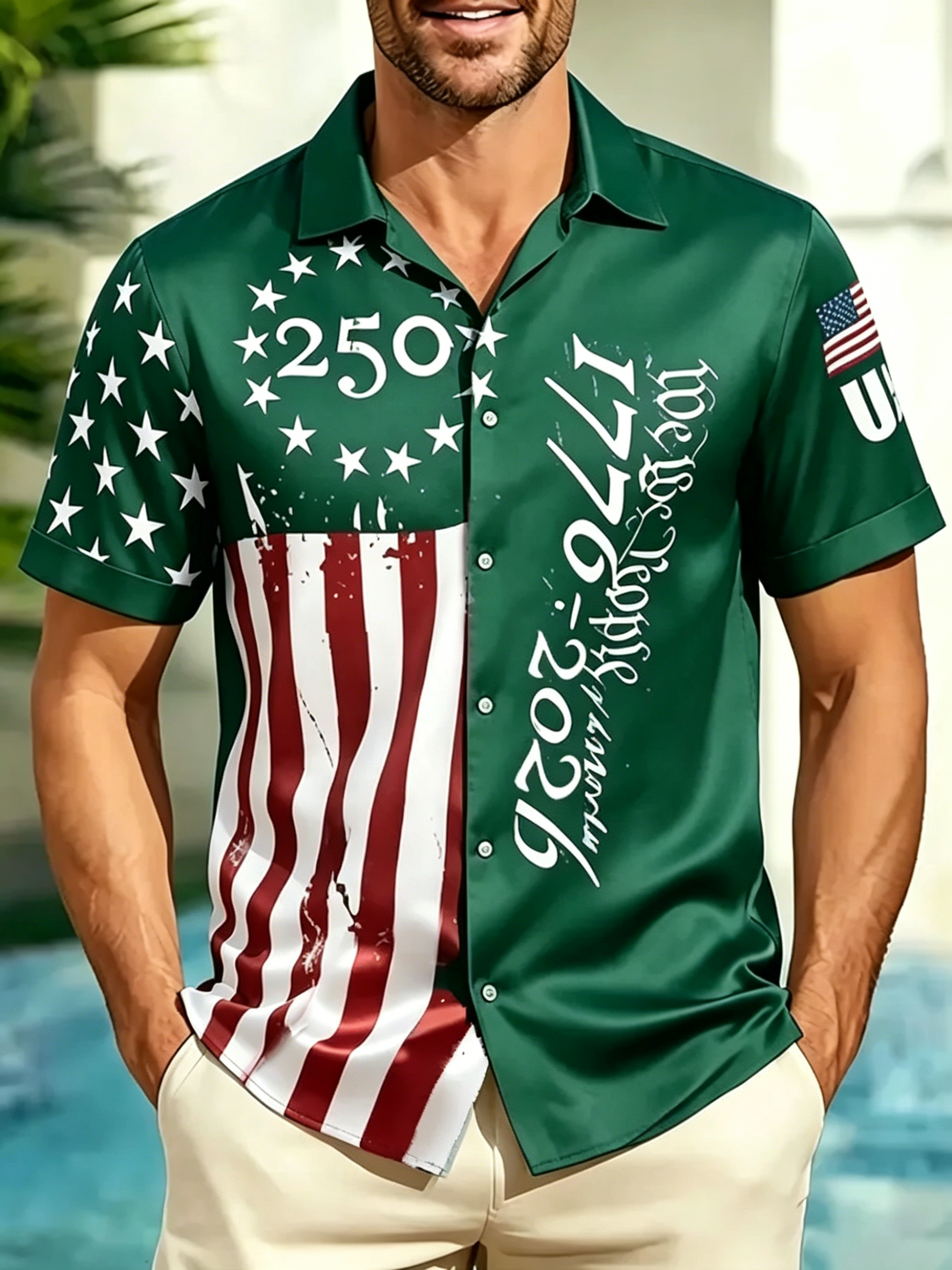 Men's American Flag 1776-2026 250th Anniversary Button Down Shirt, Patriotic We The People Print Short Sleeve Casual Hawaiian Shirt for Independence Day
