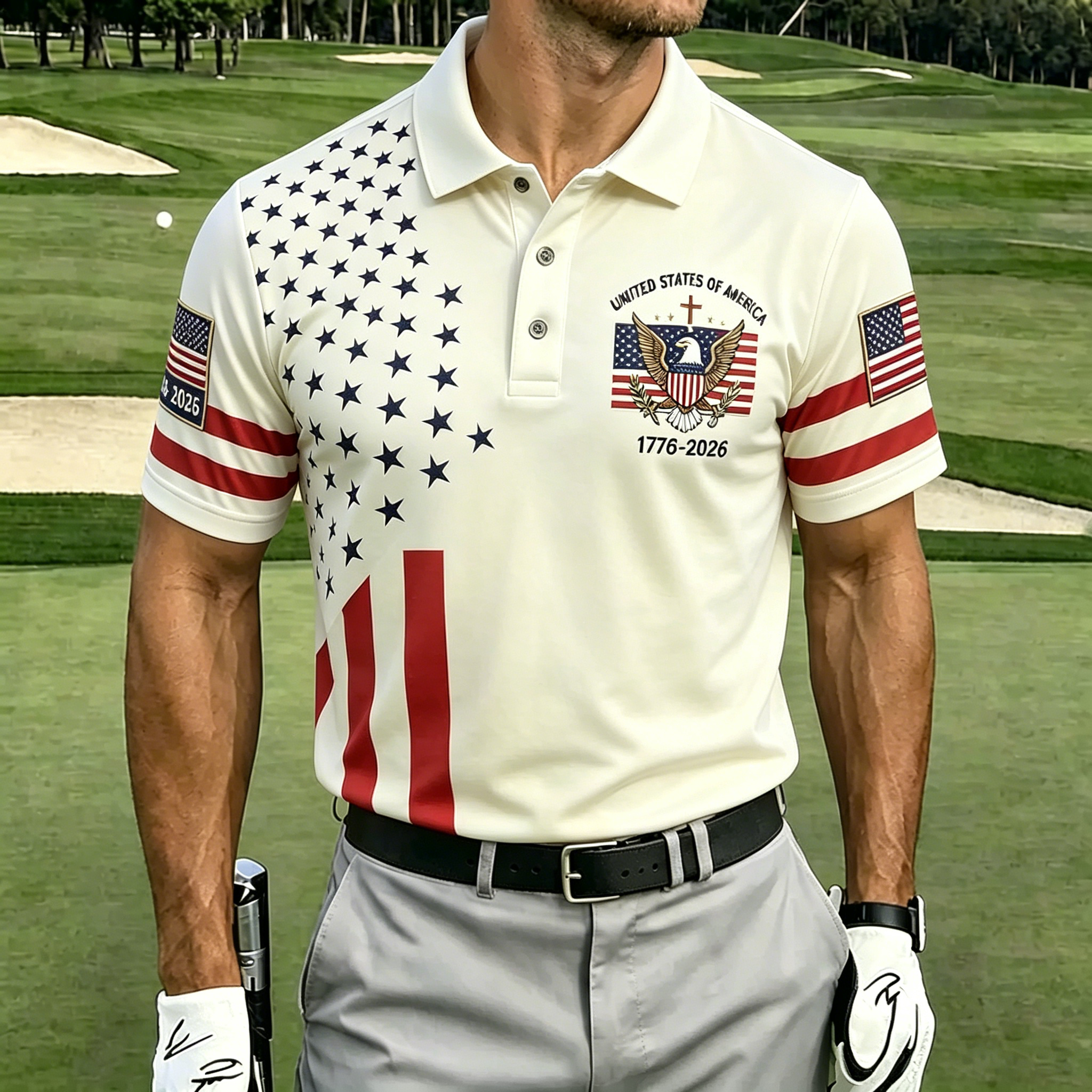 USA 250th Anniversary Distressed American Flag Golf Polo Shirt | Tactical Eagle Patriotic Polo