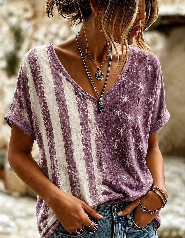 Retro Distressed Textured Patriotic Star Stripes Loose Fit Ladies Summer Top